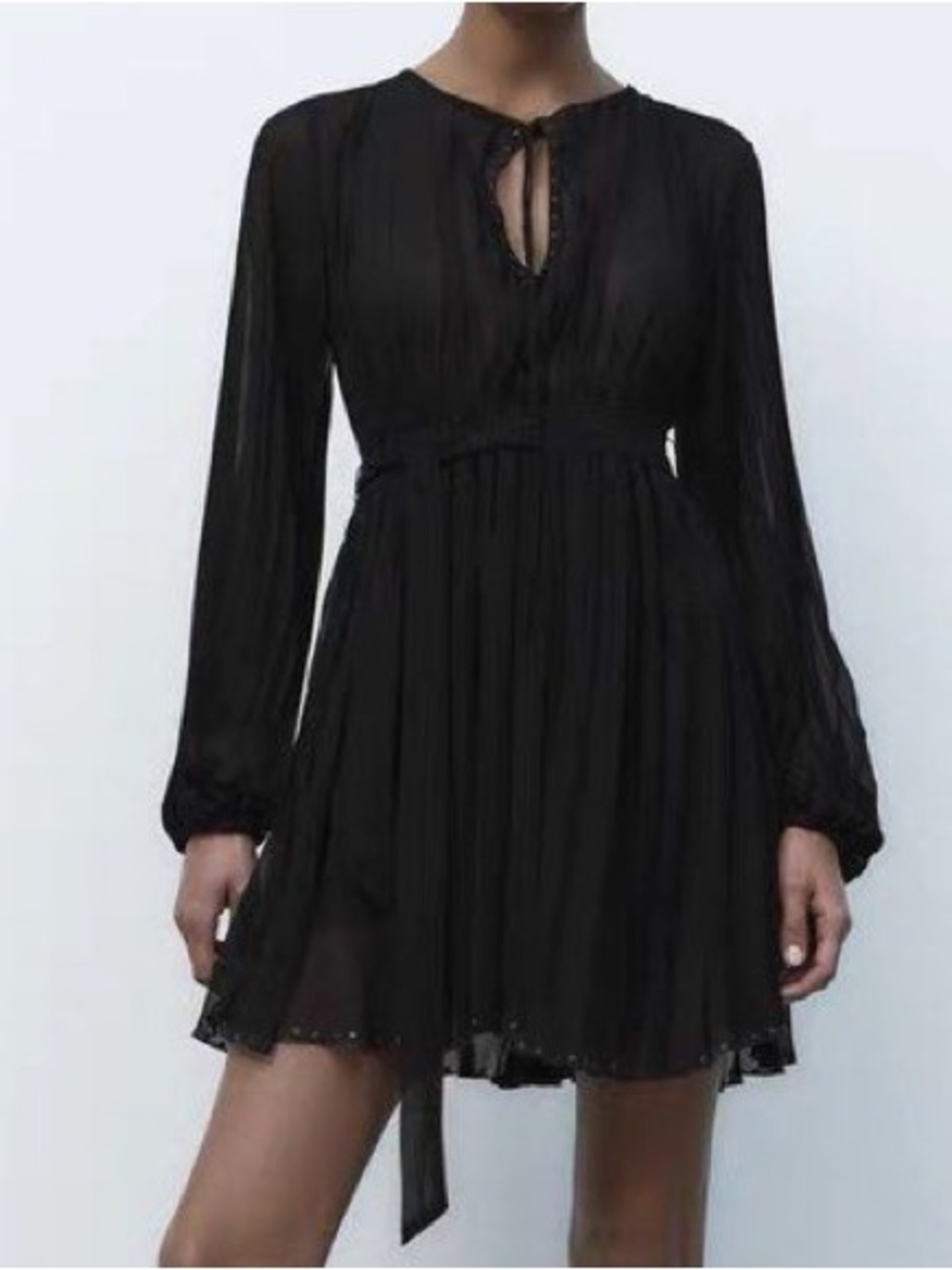 Zara Black Pleated Lace Up Long Sleeve Mini Dress XS